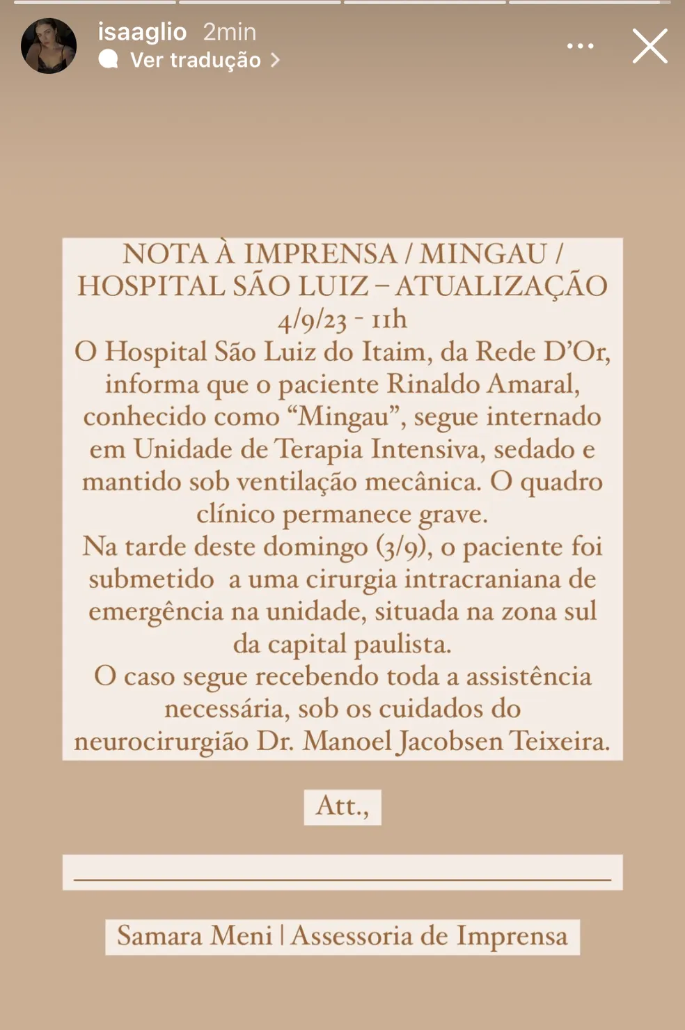 Boletim médico Mingau (Reprodução/Instagram)