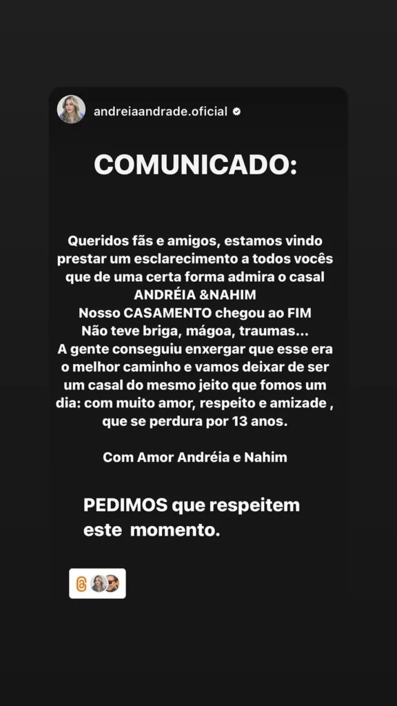 Comunicado Nahim e Andreia (Reprodução/Instagram)