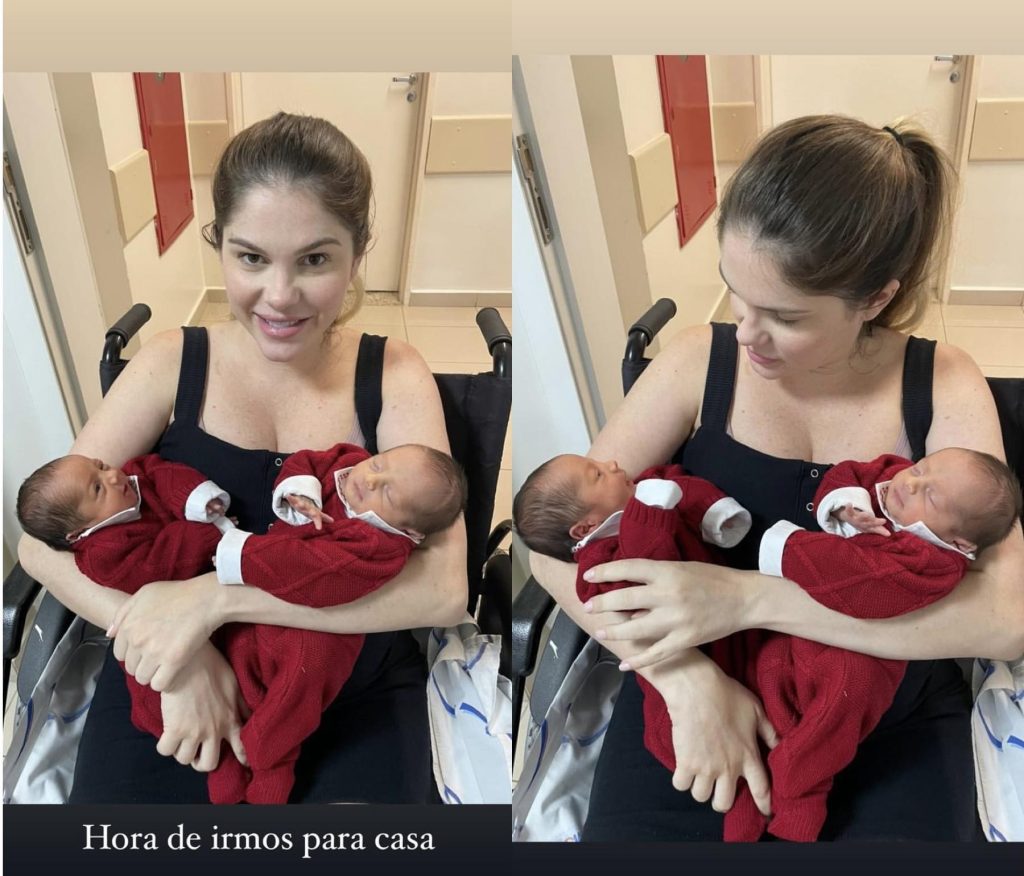 Bárbara Evans deixa a maternidade com os gêmeos