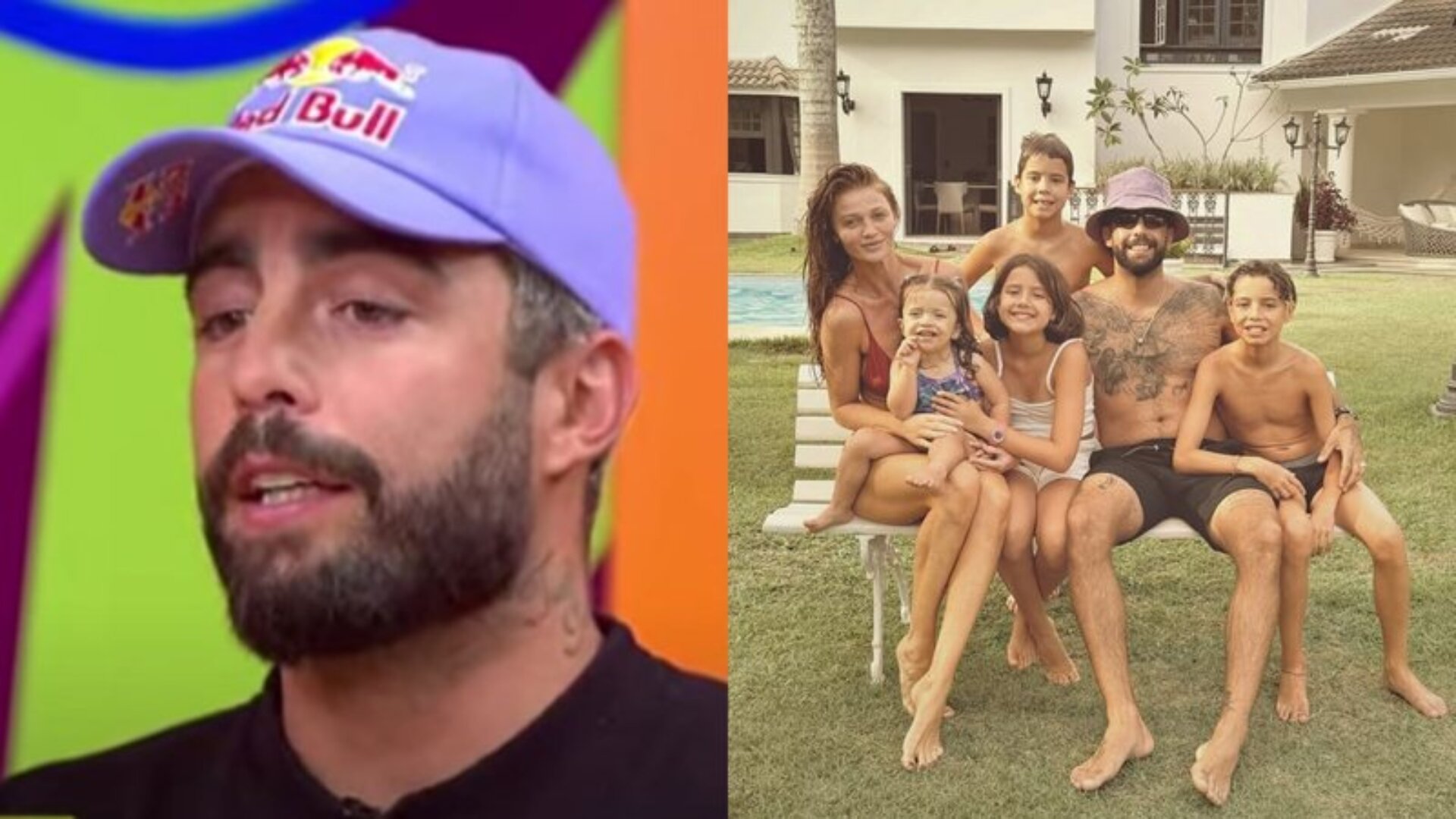 Pedro Scooby com a esposa, Cintia Dicker, e os filhos, Bem, Liz, Dom e Aurora