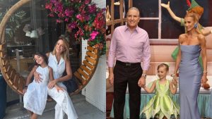 Ticiane Pinheiro com a filha Manuella, e Roberto Justus e Ana Paula Siebert com a filha Vicky